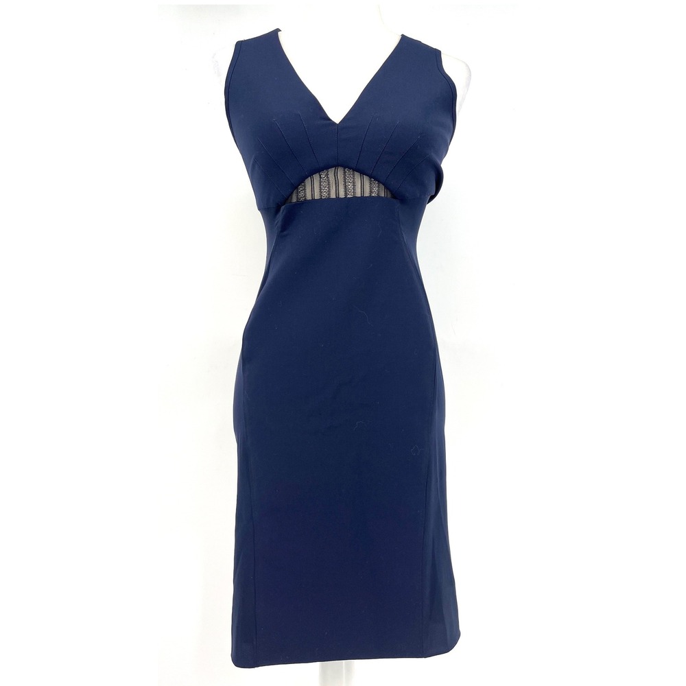 Emilio De La Morena Wool Navy Sleeveless V Neck‎ Sheath Dress Lace Detail UK 12